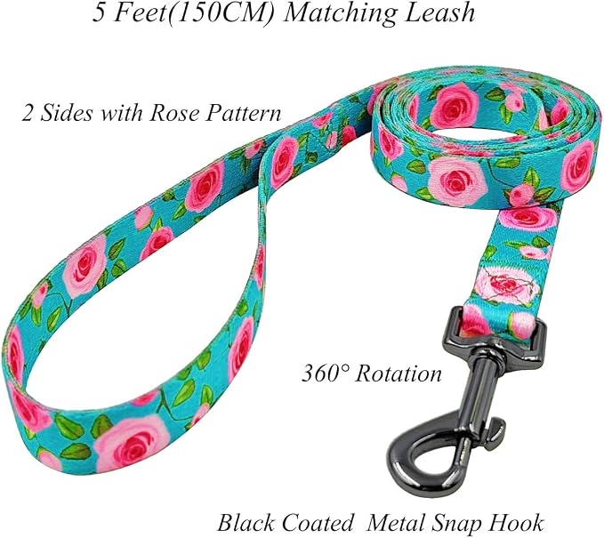 Dog Collar and Leash Set, Rose Pattern, Polyester Material, 5ft Matching Leash, for Small Dogs.(S, Green Rose Set)