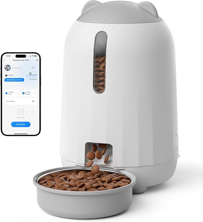 PAPIFEED Automatic Cat Feeder with App, 2.4G WiFi Cat Food Dispenser, 3L Timed Cat Feeders for Dry Food, Slow Feeding Mode, Dual Power Supply Smart Pet Feeder for Cat, Grey