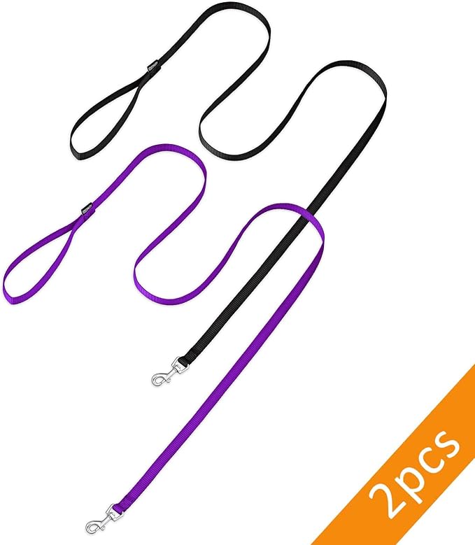 AMAGOOD 6 FT Puppy/Dog Leash, Strong and Durable Traditional Style Leash with Easy to Use Collar Hook, Great for Small, Medium and Large Dogs (5/8 in x 6 ft, Black and Purple 2-Pack)