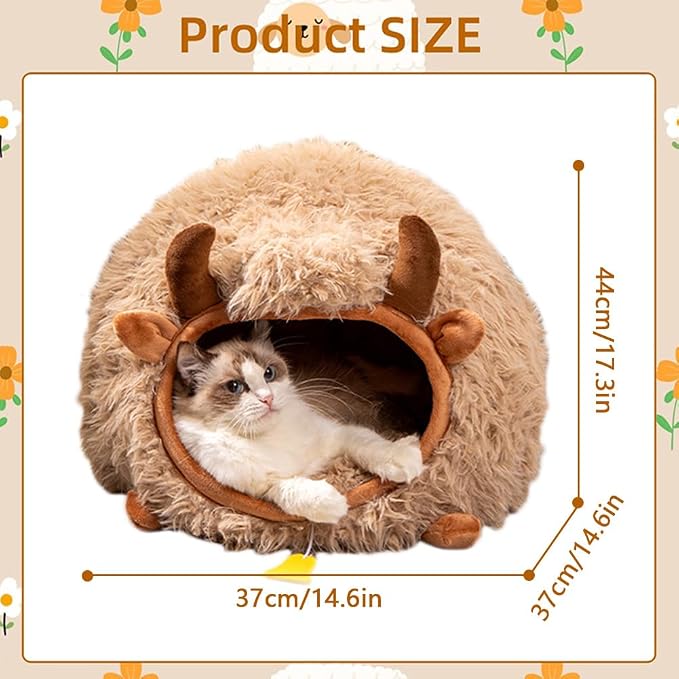 Cute Cat Bed Cave for Indoor Highland Cow Shaped Pet Plush House Self-Warming Nest Small Dogs Rabbits with Removable Cushion for Puppy Bed with Hanging Toy