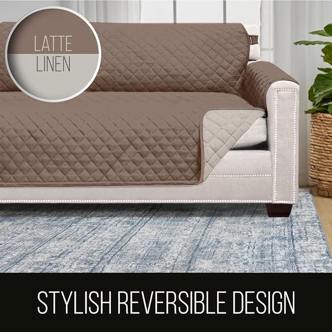 Sofa Shield® Couch Armchair Covers for Dogs, Reversible Furniture Protector with Strap, Stain and Tear Resistant Cushion Cover, 48 inch Seat, Machine Washable Slipcover Pets, Cats, Latte Linen