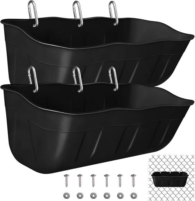 Hanging Goat Feeders,Chicken Feeder Waterer,Large Feed Trough 7.5 Quart 2 Pack,Hanging Fence Feed Trough for Poultry Livestock,Black