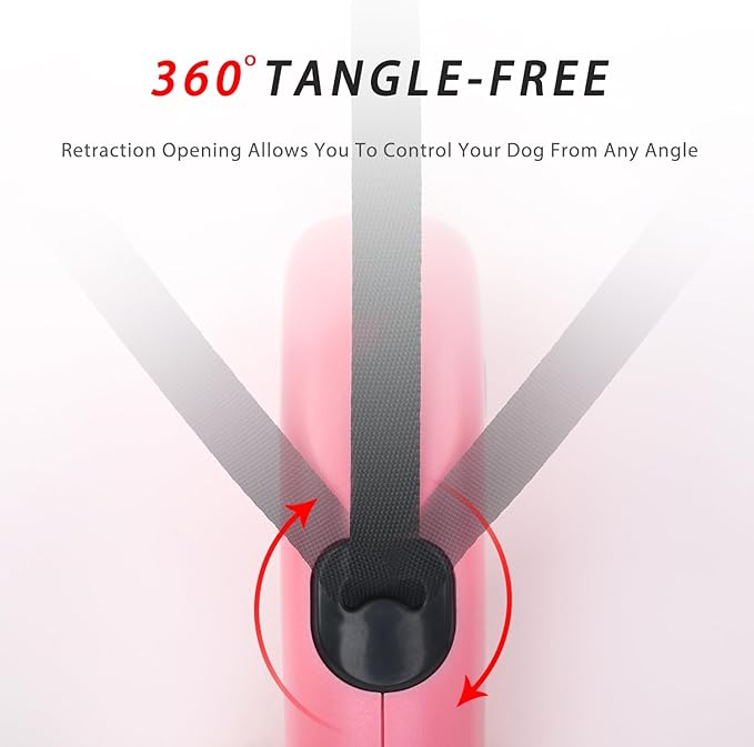 enrgticdg 16Ft Retractable Dog Leash,Light Weight Leash for Small to Medium Dogs/Cats Up to 50lbs,Stainless Steel Spring Strong Nylon Tape, Tangle Free, One-Handed Brake.(Pink-Black)