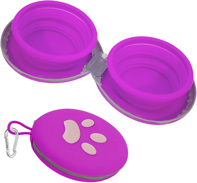 Collapsible Dog Bowls, 2-in-1 Silicone Pet Food and Water Bowl with Carabiner, Portable Double Compartment Dish for Travel, Camping, Hiking Puppy Essentials (A- Purple)