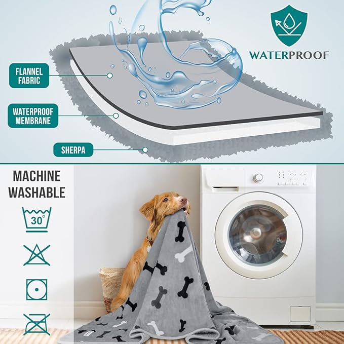 PetAmi Premium Waterproof Dog Blanket for Large Dogs, Reversible Sherpa & Flannel Fleece, Leakproof Pet Throw for Couch Protection, Soft Plush Furniture Protector for Cats, Washable, 60x80 Bone Grey