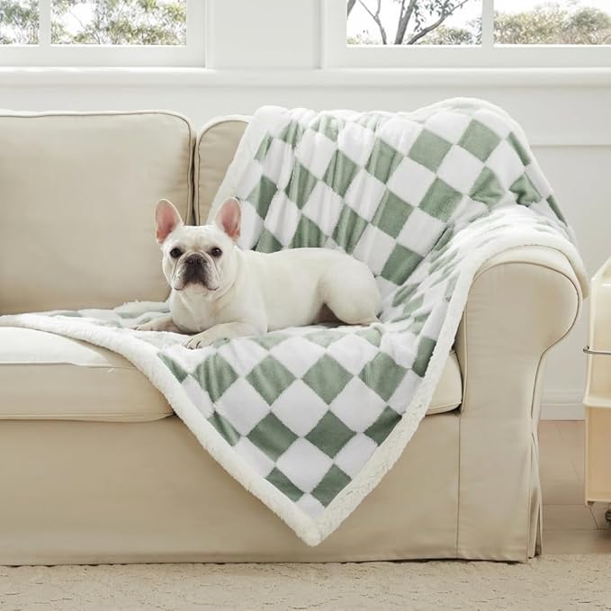 Ohocut Checkered Dog Blanket, Sage Green Jacquard Sherpa Blankets for Small Dog and Cats, Cute Aesthetic Style Fluffy Fleece Pets Blanket for Couch Protection Washable, 30"x40"