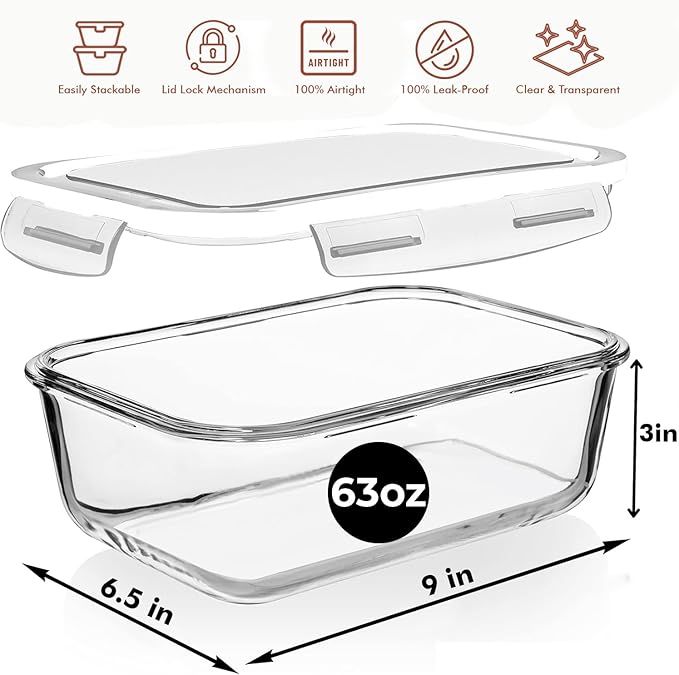 Razab 4 PC 1860ml / 63 Oz / 8 Cups Large Glass Food Storage Containers with Lids - Glass Meal Prep Containers for Roasting & Storing Leftover, Lunch Container with Lids, Microwave & Oven Safe