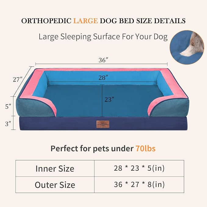 Comfort Expression Orthopedic Dog Bed for Large Dogs 36x27 Inch, Waterproof Egg Crate Foam Large Pet Bed with Bolsters, Dog Couch with Washable Cover & Non-Slip Bottom, Enchanted Cove