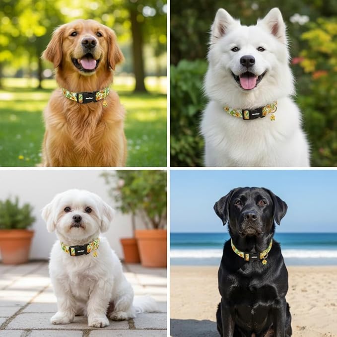 Dog Collar for Extra Small Dogs, Spring &Summer Theme Dog Collars with Sunflower Pattern, Adjustable Green Small Dog Collars, Cute Girl or Boy Dog Collar Ideal for Gifts,Pet Accessory,S