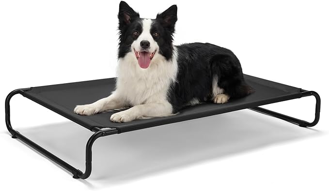 Veehoo Cooling Elevated Dog Bed, Outdoor Dog Bed for Large Dogs, Raised Dog Cot with Thickened Frame, Durable Teslin Mesh & Anti-Slip Rubber Feet, Pet Hammock for Indoor or Camping, 41" x 26", Black