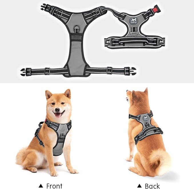 PoyPet No Pull Dog Harness, No Choke Front Lead Dog Reflective Harness, Adjustable Soft Padded Pet Vest with Easy Control Handle for Small to Large Dogs(Grey,XS)
