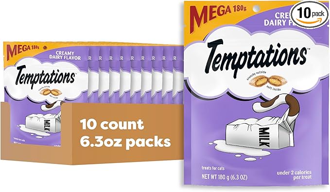 Temptations Cat Treats, Classic Crunchy and Soft Cat Treats, Creamy Dairy Flavor, 6.3 oz. Pouch (Pack of 10)