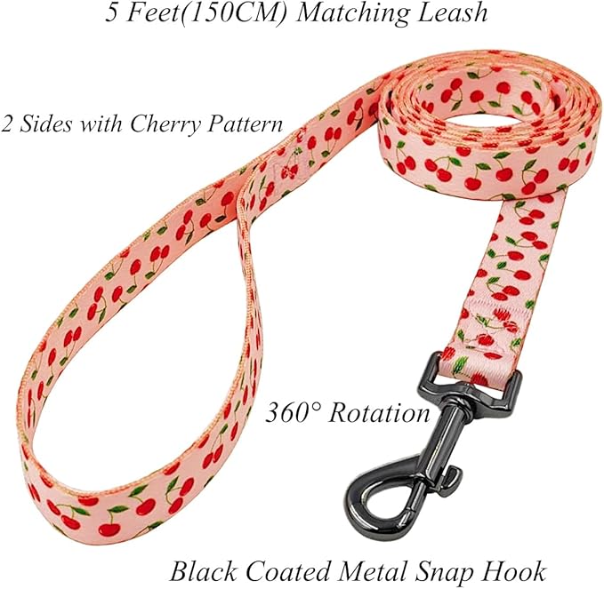Dog Collar and Leash Set, Cute Cherry Pattern, Polyester Material, 5ft Leash, for Medium Dogs.(Medium,Pink Cherry)