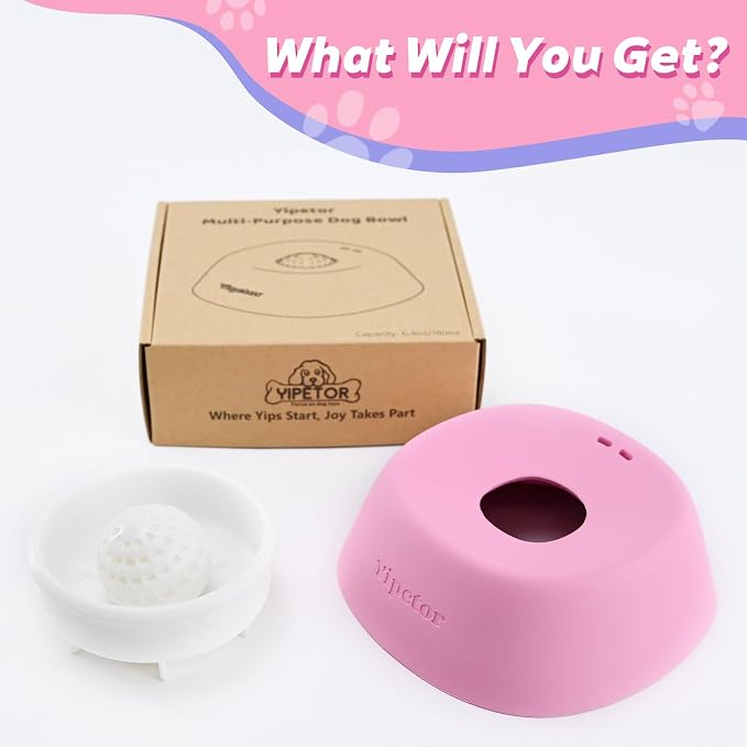 Yipetor Slow Feeder Dog Bowls for Liquid Treat, 【Enrichment Ball-Roll】 Bone Broth Dog Lick Bowl, 3/4 Cup Yogurt Pup Lick Toy for Large Medium Small Breeds Dietary Supplement/Post-op Nutrition (Pink)