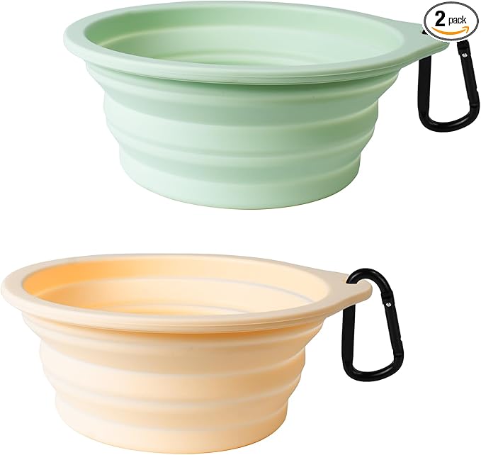 PetBonus 2-Pack Large Silicone Collapsible Dog Bowls, 34oz/1000ml BPA Free Portable Foldable Travel Bowl for Pet Cat, Food Water Feeding Dish for Camping with 2 Carabiners (Light Mint, Beige Cream)