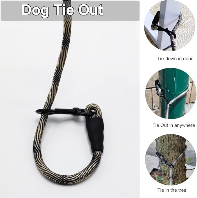 BTINESFUL Tie-Out Check Cord Long Rope Dog Leash, 12ft 20ft 30ft 50ft 75ft Dog Tether for Yard- Great for Large Medium Dogs Training, Playing, Camping, or Backyard (20ft, Beige Black)