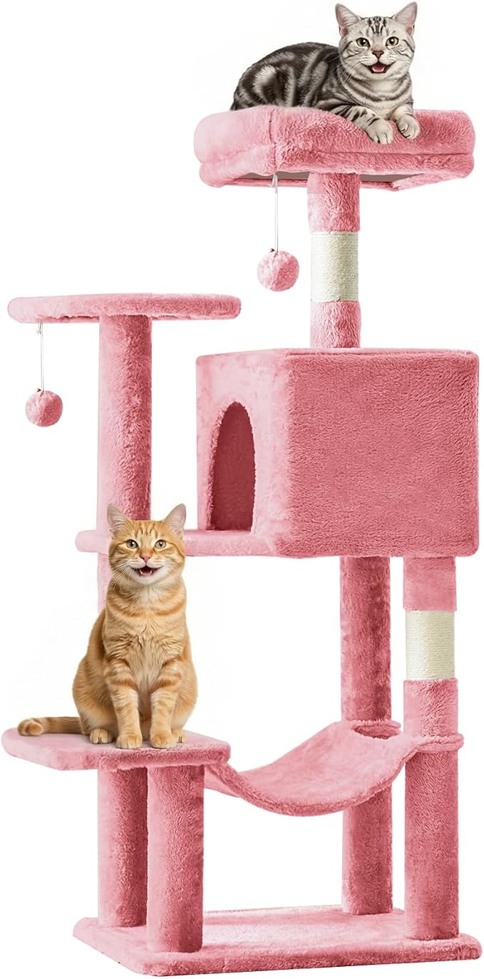 DUMOS Small 44 Inch Cats Tree Tower, Cat Climbing Tower with Natural Sisal Scratching Posts, Hammock, Pet Condo for Indoor Cats and Kittens Play, Pink