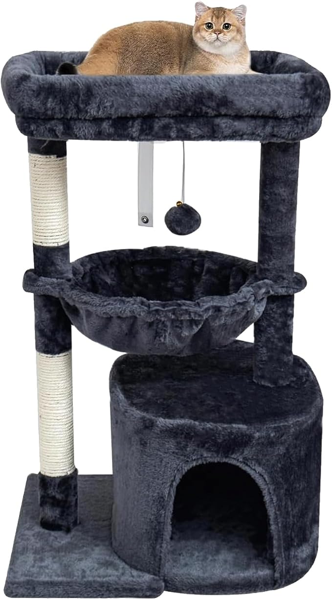 SYANDLVY Small Cat Tree for Indoor Cats, Cat Tower with Scratching Post, Modern Cat House with Padded Perch, Kittens Condo with Cradle, Smoky