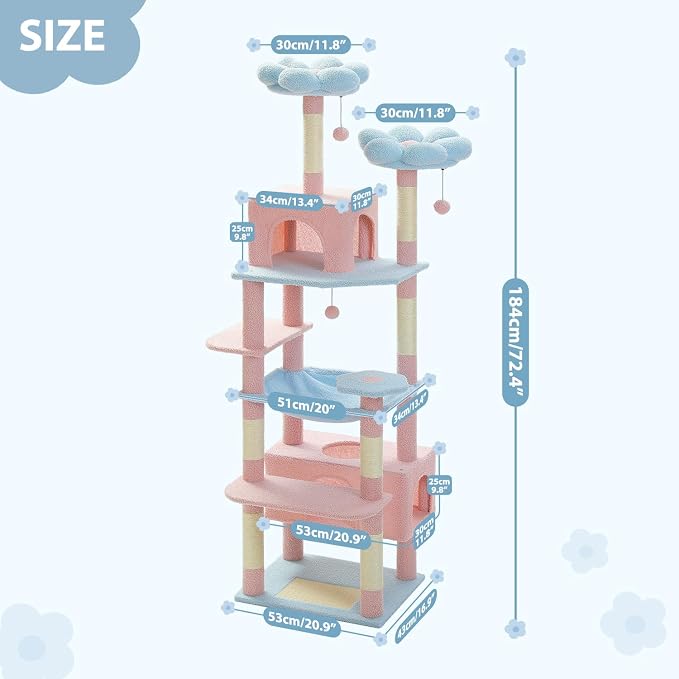 PAWZ Road Flower Cat Tree, 72 Inches Large Cat Tower with Steel Frame Hammock and 7 Scratching Posts, Tall Cat Tree with 2 Condos and Perches for Large Indoor Cats - Blue