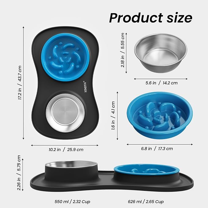YINEYA 3 in 1 Slow Feeder Dog Bowls & Stainless Steel Food and Water Bowl with Non-Spill Dog Bowl Mat, Anti-Choking Puppy Bowls, Floor Safe & Easy Clean for Large Medium Small Dogs Cats