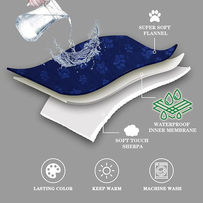 Qeils Waterproof Blanket for Bed, Dog Blankets for Large Dogs, Waterproof Cat Blanket Washable, Soft Sherpa Fleece Puppy Blanket, Reversible Throw Protector for Couch Car, 50"X60", Navy Blue