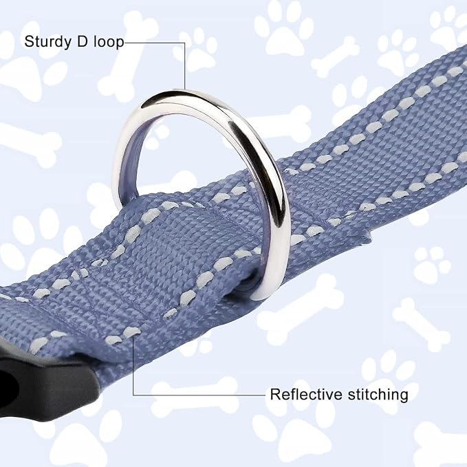FunTags Length 10" - 16" Reflective Gray Dog Collar for Small Dogs – Night Walking & Training Safety, Durable Quick Release Buckle, Nylon, Comfortable Adjustable, Width 3/4"
