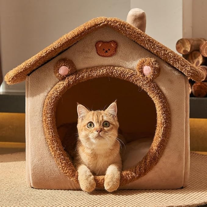 Cat Beds for Indoor Cats, Cute Bear Shape Cat Bed Cave, Pet House Cats Tent with Removable Cushion Pillow for Kittens Puppy Small Dogs (Brown, L-20.4 * 16.9 * 19.6in)