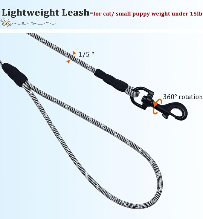 WYuZe 1/5" X-Small Dog Leash Rope 6ft 10ft 15ft, Lightweight Reflective Cat Leash, Ultra-Thin Puppy Walking Training Lead for Chihuahua/Yorkie/Tiny Dogs Up to 15lb (15FT x1/5", Black)