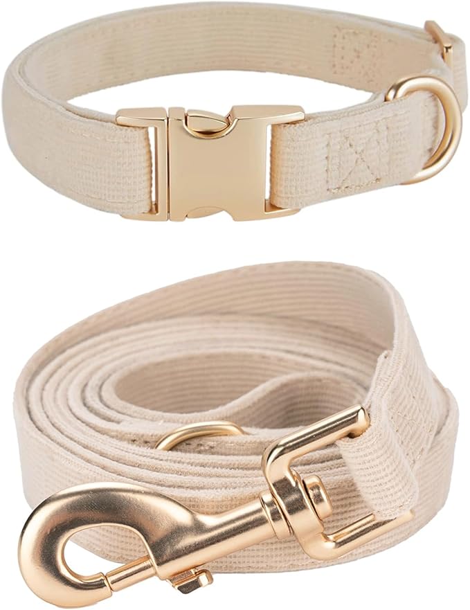 Soft Corduroy Dog Collar and Leash Set Adjustable Durable Wedding Dog Collars with Metal Buckle and Lead for Medium Dogs,Beige