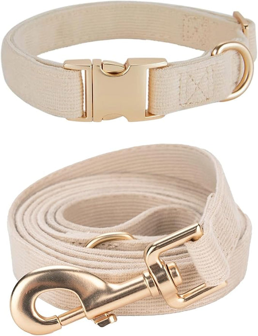 Soft Corduroy Dog Collar and Leash Set Adjustable Durable Wedding Dog Collars with Metal Buckle and Lead for Medium Dogs,Beige