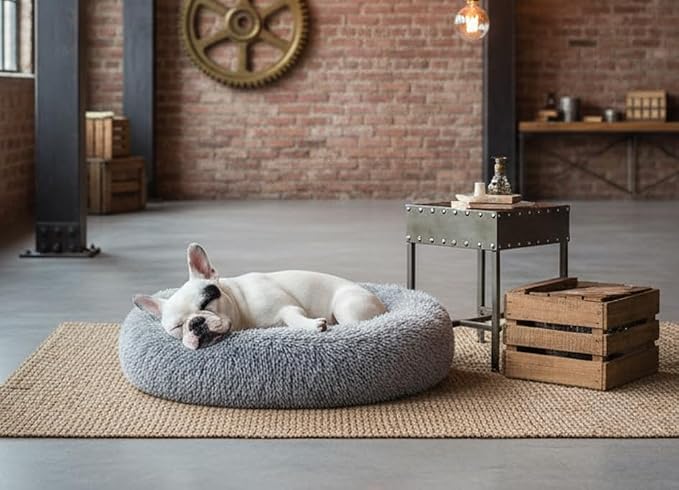 The Dog’s Bed Calming Donut Dog Bed, Plush Faux Fur Round Cuddler Nest – CertiPUR-Certified Foam, One-Piece Design, Raised Bolster – Medium (30"), Silver Grey