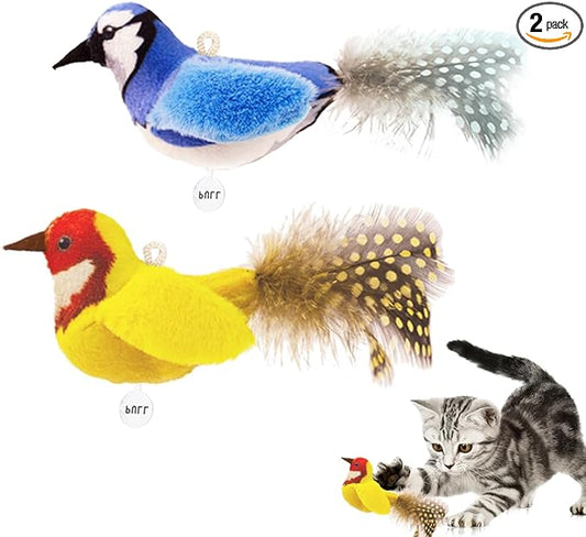 Catnip Cat Toys Boredom Relieve Teeth and Kicking Feather Cat Toys Interactive with Lifelike Chirp Sound Chirping Bird Kitten Toy Real Feather (2 Pack Bird)