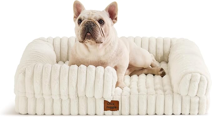 ChiXnuggle Rectangular Orthopedic Dog Bed for Medium Dogs, Waterproof Washable Faux Rabbit Fur Dog Couch with Egg Crate Foam Support, Bolster Pet Sofa with Non-Slip Bottom, 30x24x7, Cream