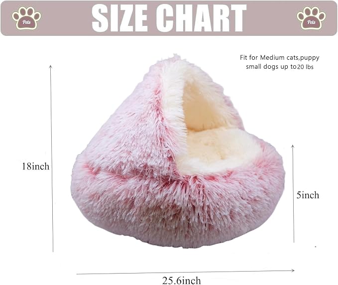 ZaneSun Calming Dog Bed & Cat Cave with Hooded Cover, Plush Fluffy Anti-Anxiety Cat Bed, Waterproof Bottom Washable (Pink, 25.6X25.6inch)
