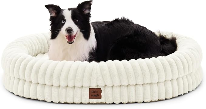 ChiXnuggle Orthopedic Dog Bed for XL Dogs, Waterproof Faux Rabbit Fur Dog Couch with Egg Crate Foam Support and Washable Removable Cover, Bolster Pet Sofa with Non-Slip Bottom, 41x30x7, Cream