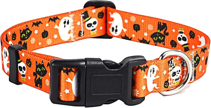 Mihqy Halloween Dog Collar - Pumpkin Bat Ghost Pattern - Adjustable for Small Medium Large Dogs(Halloween,S)