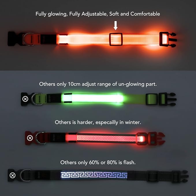 Light Up Dog Collar, Rechargeable USB Collar, Waterproof, Luminous LED Collar, Adjustable, Super Bright, Night Walking for Small Medium Large Dogs, Orange, L