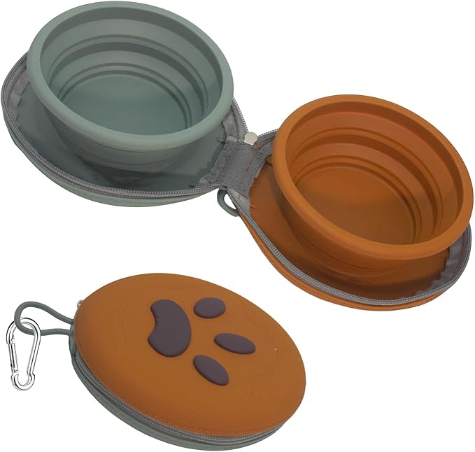 Collapsible Dog Bowls, 2-in-1 Silicone Pet Food and Water Bowl with Carabiner, Portable Double Compartment Dish for Travel, Camping, Hiking Puppy Essentials (A-Green Brown)