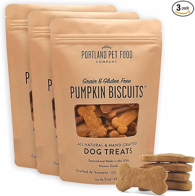 Portland Pet Food Company Pumpkin Dog Treats Healthy Biscuits for Small Medium & Large Dogs - Grain-Free, Human-Grade, All Natural Cookies, Snacks & Training Treats - Made in The USA - 3 Pack (5 oz)