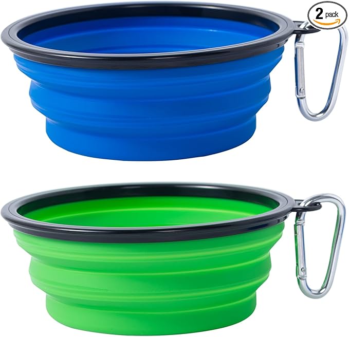 Dog Bowl Pet Collapsible Bowls, 2 Pack Collapsible Dog Water Bowls for Cats Dogs, Portable Pet Feeding Watering Dish for Walking Parking Traveling with 2 Carabiners (Blue+Green, Medium)