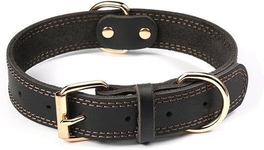 Dog Collar, Genuine Leather Heavy Duty Dog Collar for Small, Medium, Large and Extra Large Dogs (L: 1.2" Wide for 16.2"-22" Neck, Dual Stitch - Black)