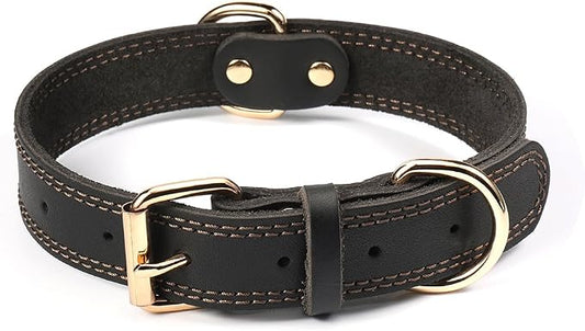 Genuine Leather Dog Collar, Heavy Duty Wide Dog Collar for Small, Medium, Large and Extra Large Dog (XL: 1.4" Wide for 18.6"-25.8" Neck, Dual Stitch - Black)
