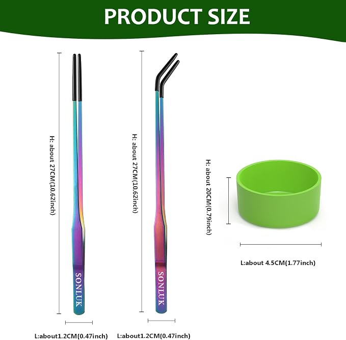 3 PACK Stainless Steel Reptile Feeding Tongs,10.62" Straight &Curved Long Feeding Tweezers&Bowl Set,Non Slip Feeding Tools with Rubber Tip,Bearded Dragon Tank Accessories (A-colorful)