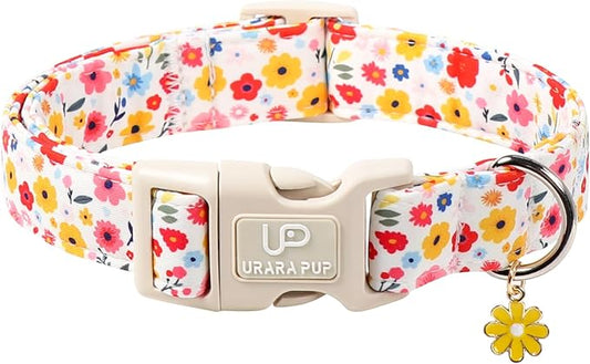 Floral Dog Collar, UP URARA PUP Colorful Floral Adjustable Pet Collar with Flower Charm, Spring Daily Dog Accessories for Small Medium Large Dogs