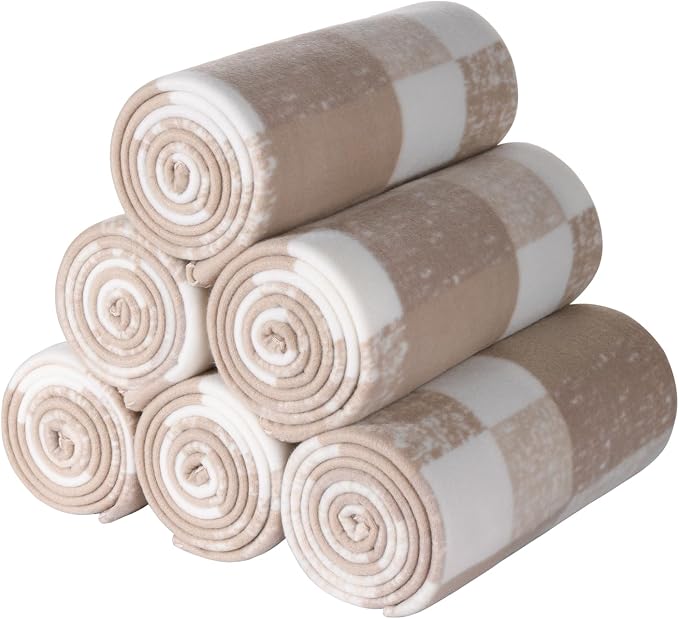 CAI TENG Fleece Throw Blankets Lightweight Warm Soft Cozy Kids Blanket Pet-Friendly Bulk Fleece Blanket Solid for Home, Bed, Sofa, Dorm, Office, Gifts, Outdoor Plaid Beige 6 Pack 50 x 60 inch