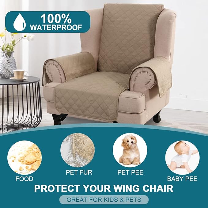 Turquoize 100% Waterproof Wing Chair Cover Wing Armchair Slipcovers Chair Couch Protector Triple Non-Slip Sofa Slipcover for Wing Chair Furniture Protector for Pets, Kids,Dog (Wing Chair, Khaki)