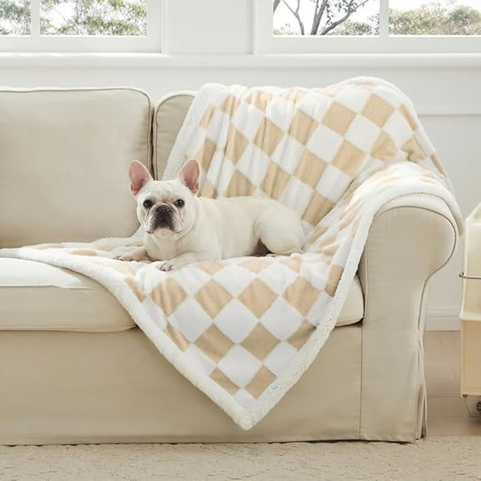 Ohocut Checkered Dog Blanket, Beige Khaki Jacquard Sherpa Blankets for Small Dog and Cats, Cute Aesthetic Style Fluffy Fleece Pets Blanket for Couch Protection Washable, 40"x50"