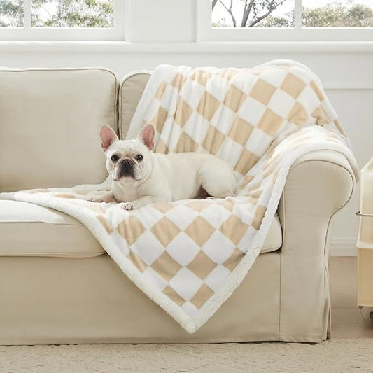 Ohocut Checkered Dog Blanket, Beige Khaki Jacquard Sherpa Blankets for Small Dog and Cats, Cute Aesthetic Style Fluffy Fleece Pets Blanket for Couch Protection Washable, 30"x40"