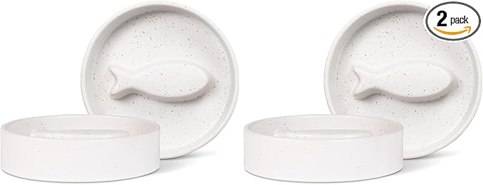 Fringe Studio Speckled Fish Bone Small Ceramic Cat Bowl, Slow Feeder Pet Bowl (5" Diameter x 1.25" H, 5.5 fl.oz.), PetShop Collection (780SM001) (Pack of 2)