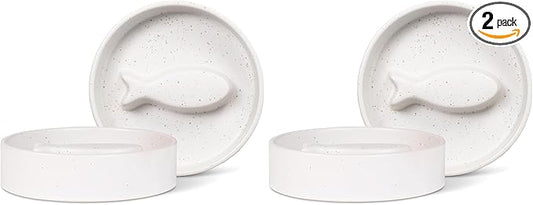 Fringe Studio Speckled Fish Bone Small Ceramic Cat Bowl, Slow Feeder Pet Bowl (5" Diameter x 1.25" H, 5.5 fl.oz.), PetShop Collection (780SM001) (Pack of 2)